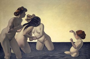 Tre kvinder og en ung pige leger i vandet, 1907